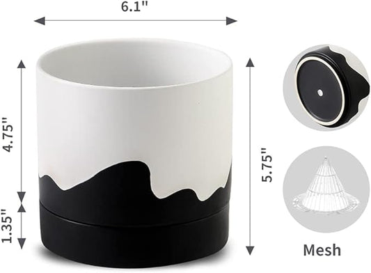 Nihow Ceramic Plant Pot: 6 Inch Planter with Drainage Hole & Saucer for Indoor & Outdoor Plants - Cylinder Round Flower Pot for Succulent/Herbs/Violets - White & Wave Black