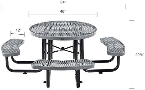 Global Industrial 46" Round Picnic Table, Expanded Metal, Gray Thermoplastic Coating, Attached Benches, 1-1/2” Umbrella Pole Hole, Outdoor-Rated, 1000 lb Capacity