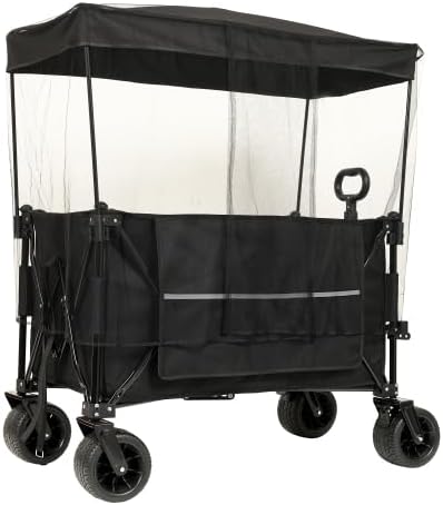 【LuckyNote】 Collapsible Foldable Extended Wagon with Canopy,480lbs Weight Capacity, Heavy Duty Folding Utility Garden Cart with Big All-Terrain Beach Wheels & Drink Holders,Side Pocket and Brakes