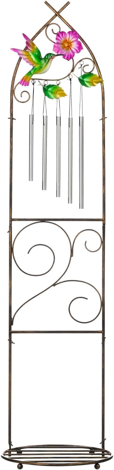 Garden Trellis with Plant Stands, 48” Metal Detachable Hummingbird Plant Pot Trellis with Wind Chimes for Climbing Plants Outdoor Lawn Patio Porches Decor