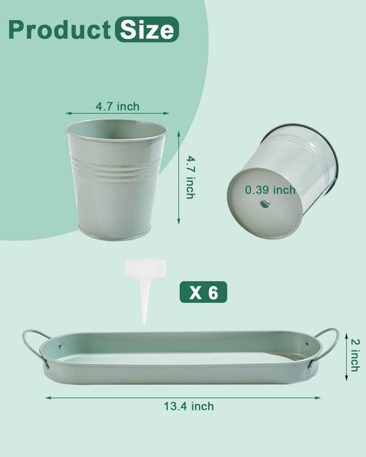 vensovo Indoor Herb Planter Set - Galvanized Windowsill Garden Pots with Tray & Drainage, Set of 3 Metal Window Planters for Kitchen & Outdoor Use, Light Green