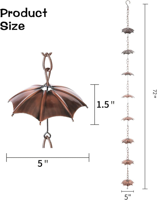 Rain Chain Decoration 6 Ft., Outdoor Rain Catcher Metal Chain Downspout 72'' for House Eaves, Garden & Home, Umbrella Shape Rain Chains