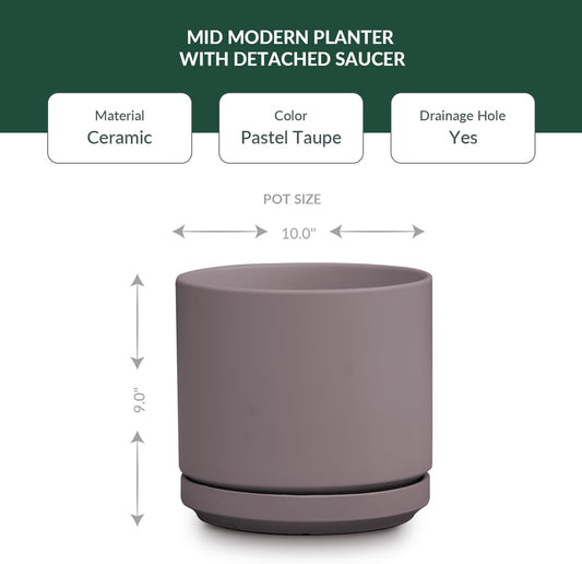 Ceramic Mid Modern Planter Pots with Detached Saucer - Indoor/Outdoor Plant Pots with Drainage Hole