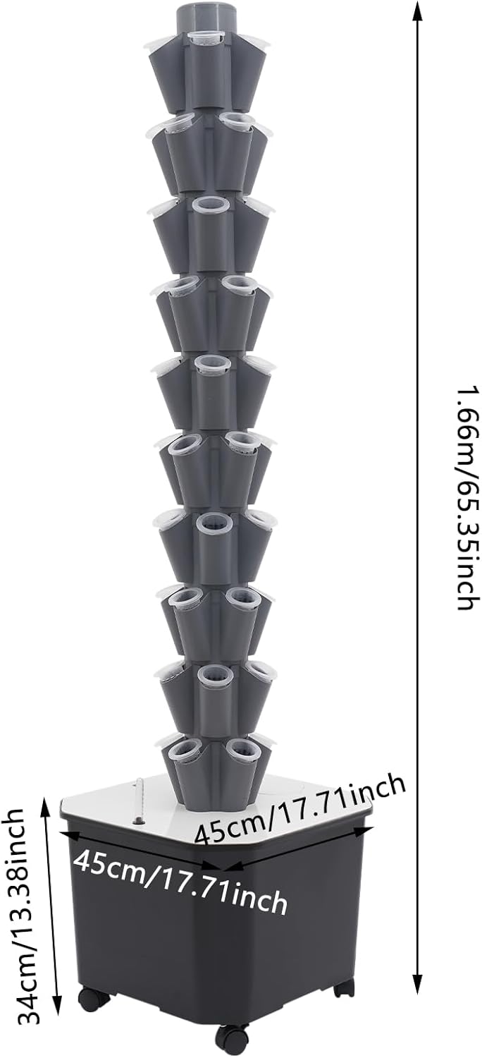 Eapmic Hydroponics Growing System Tower Garden, 10-Tier 50-Hole Vertical Planter with 45L Water Tank & Auto Watering, Indoor/Outdoor Hydroponic Garden Kit w/Wheels (Grey)