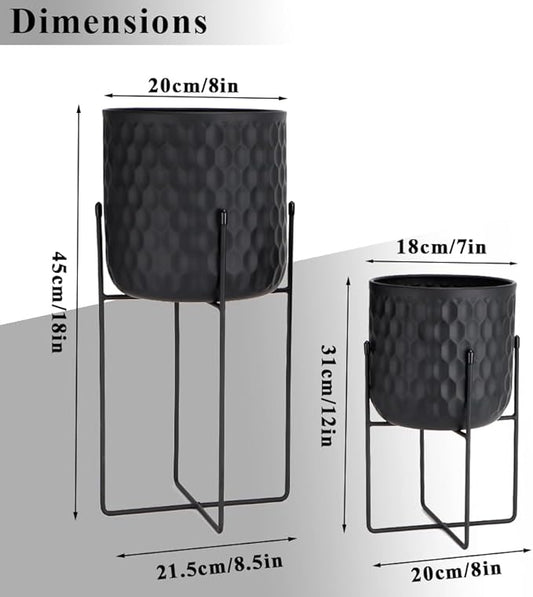TRIROCKS Set of 2 Planters with Stand Indoor Outdoor Metal Plant Stand 8 * 18 &7 * 12 "Modern Planters Flower Pots for Living Room Corner Kitchen Office Garden Balcony Patio Decor(Black)