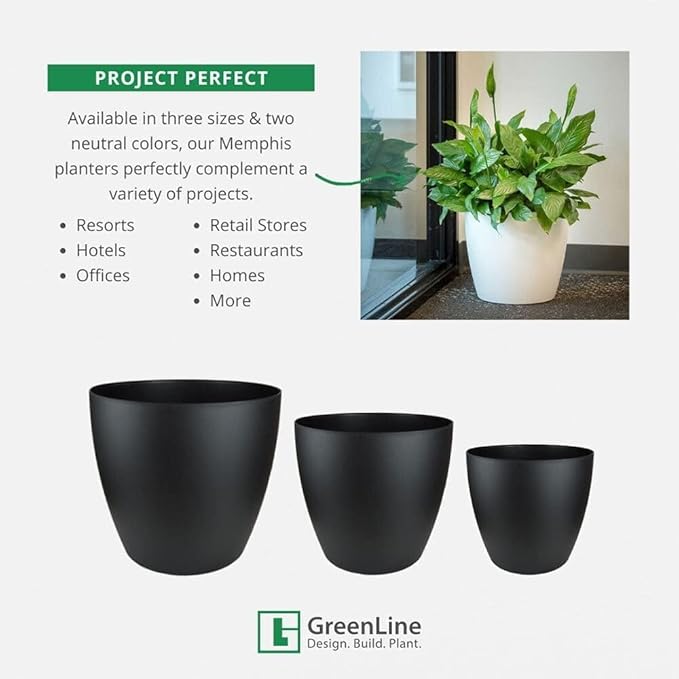 Memphis 15" Round Indoor Floor Planter Pot – Lightweight & Durable Plastic, Modern Design, Made in USA, Recyclable Large Plant Container for Home & Office Décor (Black)