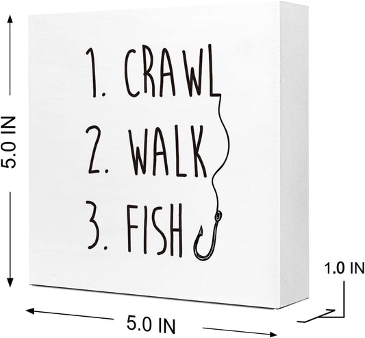 Crawl Walk Fish Rustic Wooden Sign Desk Decor,Funny Baby Fishing Wood Block Sign Desk Decorations for Home Bedroom Baby Room Desk Shelf Table Decor