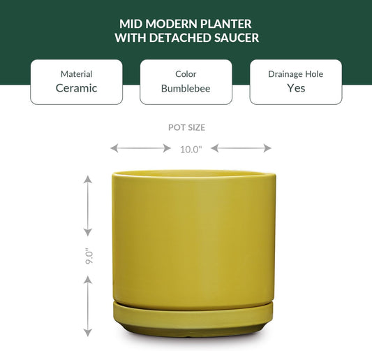 Ceramic Mid Modern Planter Pots with Detached Saucer - Indoor/Outdoor Plant Pots with Drainage Hole