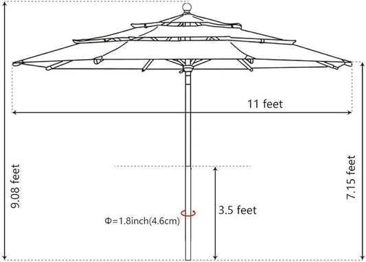 EliteShade USA 10-Year-Non-Fading 11Ft 3 Tiers Market Umbrella Patio Outdoor Cylinder Auto Push-up Table Umbrella with Ventilation, Forest Green