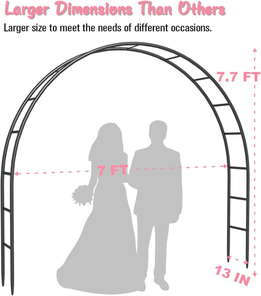 Queension Metal Arch Backdrop Stand 7Ft Wide 7.7Ft High, Wedding Arch Frame for Wedding Decorations, Balloon Arch Stand with Base for Ceremony, Outdoor Garden Arch Trellis for Climbing Plants, Black