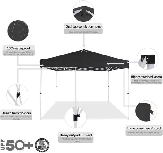 10x10 Pop Up Canopy,Event Tent – One-Person Setup, Waterproof & UV-Blocking, Heavy-Duty Steel Frame, Wheeled Bag & Sandbags – Outdoor Shade for Beach, Camping, Backyard, Tailgate (Black)
