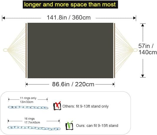 Double Hammock with Quilted Fabric and Spreader Bars,Longer and Sturdier,Quality Hammocks for Outdoor Indoor Patio Yard