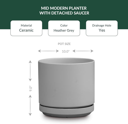 Ceramic Mid Modern Planter Pots with Detached Saucer - Indoor/Outdoor Plant Pots with Drainage Hole
