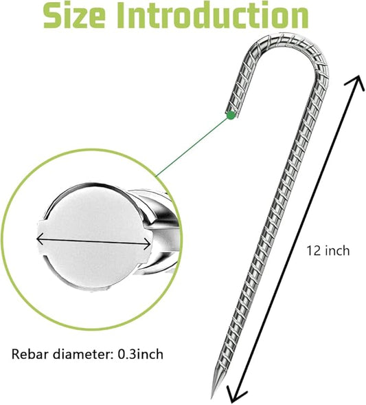 Rebar-Stakes-12-Inch, Ground Stakes Heavy Duty J-Hook Galvanized Anti-Rust Heavy Duty Ground Anchors for Garden Dog Fence Chicken Coop Christmas Decorations Deer Fence 4pcs
