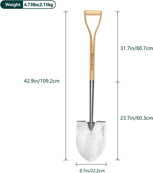 Berry&Bird Shovels for Digging, 43’’ Round Spade Heavy Duty Shovel with Wooden D Handle Stainless Steel Snow Shovel Garden Shovel Yard for Transplanting & Outdoor