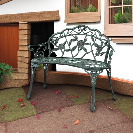 VINGLI 38.5" Patio Park Garden Outdoor Metal Rose Bench,Cast Iron Cast Aluminium Frame Antique Finish Chair,Accented Lawn Front Porch Path Yard Decor Deck Furniture for 2 Person Seat(Green&Black