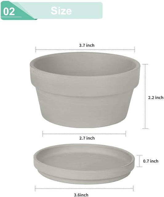 vensovo 3.7 Inch Grey Terracotta Shallow Succulent Pots - 6 Pack Terra Cotta Clay Pot with Saucer, Cacuts Indoor and Outdoor Planters with Drainage Hole