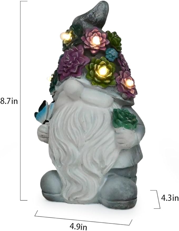 Solar Gnome Light up Figurine: Concrete Statue with Succulent & Butterfly Garden Decor Outdoor Decorations Yard Ornament - Mother’s Day Father’s Day Birthday Gift for Mom Dad Women