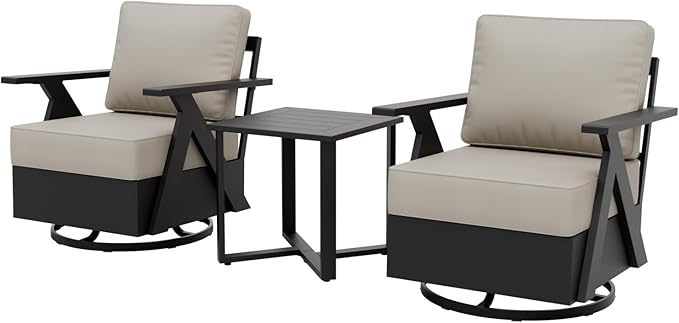 EAGLE PEAK Urban Slate 3 Piece Outdoor Bistro Set Modern Swivel Rocking Chairs and Table, Outdoor Furniture Set for Balcony Porch Deck or Backyard, Black/Beige