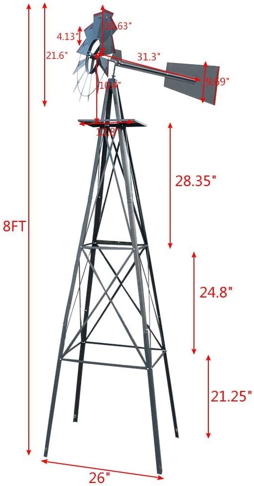8FT Windmill for Yard Garden Decoration with Weather Vanes,Heavy Duty Outdoor Wind Mills, Large Metal Outdoor Windmill,Weather Resistant,Gray