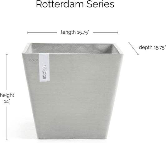 Ecopots Rotterdam Durable Modern Square Indoor/Outdoor Recycled-Based Composite Flower Planter, White Grey, 15.75"