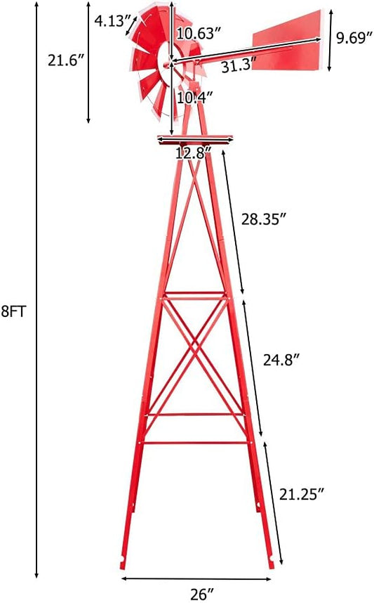 8FT Windmill for Yard Garden Decoration with Weather Vanes,Heavy Duty Outdoor Wind Mills, Large Metal Outdoor Windmill,Weather Resistant,Red
