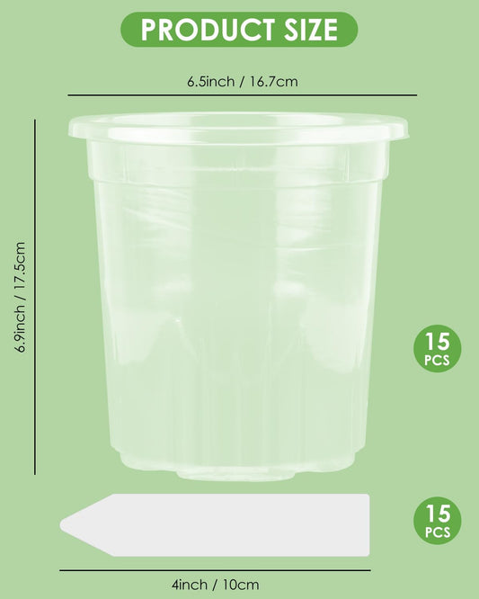PACETAP 15Pack 6.5 Inch Reinforced Clear Nursery Pots with Drainage Holes, Thickened Plastic Plant Pots with 15 Plant Labels for Indoor Outdoor Flower Seed Starter
