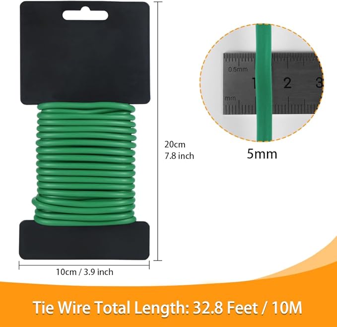 Tenn Well Green Plant Ties, 32 Feet 5mm Soft Garden Wire Ties for Tomato Plants, Climbing Roses and Cucumbers (2PCS X 16 Feet)