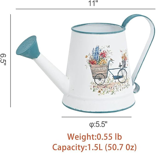 Small Watering Can for Indoor Plants Garden Metal Decorative Watering Can Outdoor Bonsai Balcony Courtyard Garden Flower Decorative, 1.5L, 50.7 Oz (White Blue)
