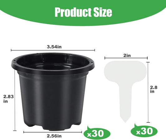 30 Pack Black Nursery Pots for Plants, 3.5 Inch Sturdy Plastic Seedling Plant Pot with Drainage Holes, Indoor Outdoor Garden Seed Starter with 30 Plant Labels