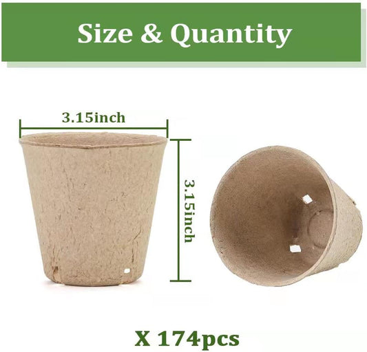 Seed Starter Trays, 174 Pcs 3.15 Inch Round Biodegradable Peat Pots, Drainage Holes Nursery Pot, (Light Brown Round)