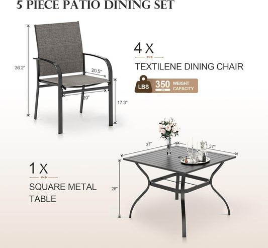 HERA'S HOUSE Patio Table and Chairs Set, 5 Pieces Outdoor Dining Set for 4, 4 x Brown Textilene Dining Chair, 37" Square Metal Dining Table with Umbrella Hole for Lawn Garden Backyard Deck