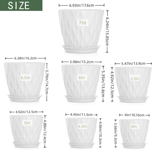 4/4.5/5/5.5/6/6.5/7 Inch Plant Pots,7 Pack Flower Pots with Drainage Holes and Trays,Plastic Planters for Indoor Outdoor Plants Growth,White