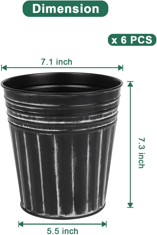 vensovo 7 Inch Black Metal Rustic Flower Pots - 6Pcs Medium Galvanized Planters with Drainage Hole and Rubber Plug, Rustproof Metal Bucket Plant Pots Farmhouse Vintage Style for Decor