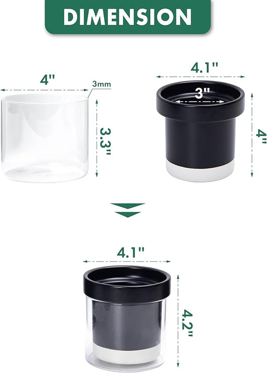 Phoenix Vine 4 Inch Self Watering Planter Pot, Black Terracotta Clay Pot with Glass Reservoir for Indoor Plants, Herbs, Flowers, Set of 2, 52-C-E-2