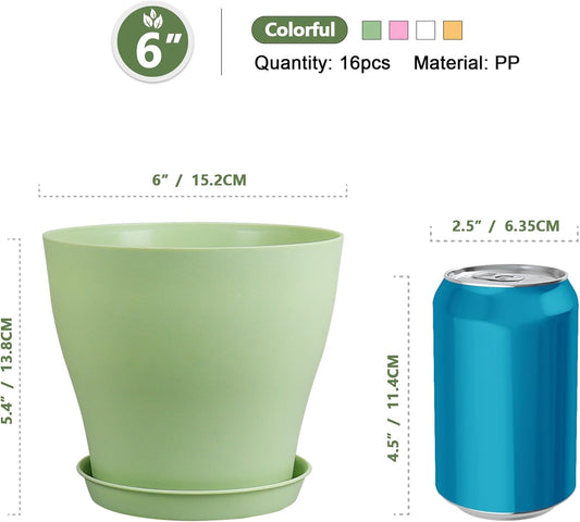 6 inch Plastic Nursery Pots, 16 Pack Plant Pots for Small Indoor Outdoor Plants, Flower Pots with Drainage Holes and Saucers, Decorative Seedling Starter Planters for House Plants, Colorful