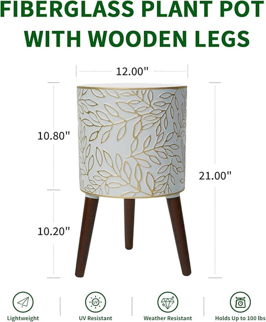 12inch Plant Pots with Wood Planter Holder Indoor Flower Pot with Gold Floral Embossed Modern Planters with Drainage Holes for Living Room, Office, Garden or Balcony