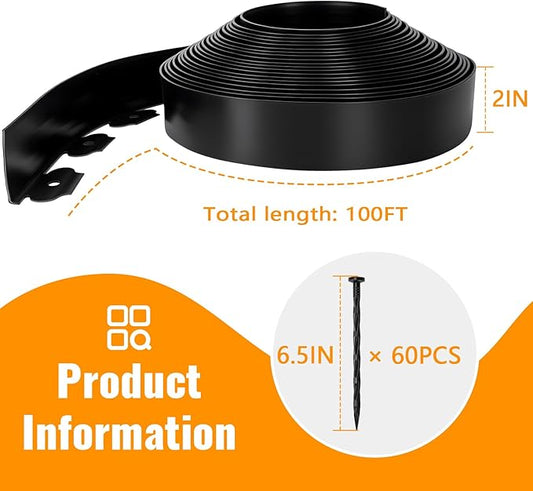 Landscape Edging 2 Inch Tall 100 FT, Garden Edging Border with 5 Pcs Connectors and 60 Pcs Anchoring Spikes for Garden Flower Beds Yard Lawn