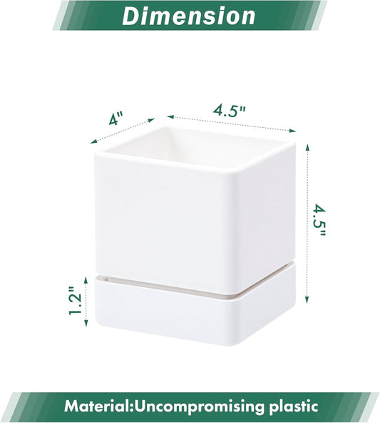 4 Inch Herb Planter Pot, Plastic Planter with Drainage Holes and Saucer, Modern Decorative Gardening Pot for Indoor Plants, Flowers, Herbs, Succulents, White, Set of 4, 76-Y-A-4
