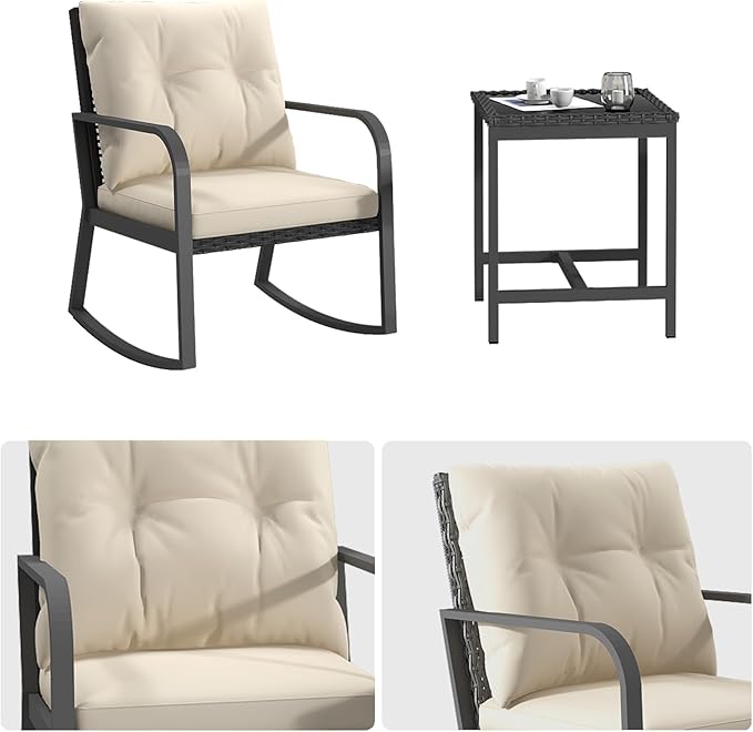 Bistro 3 Piece Patio Furniture Set, Patio Table and Rattan Outdoor Rocking Chairs Set of 2, Outdoor Bistro Conversation Set for, Garden, Balcony, Poolside, Backyard, Beige