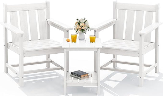 SEWRWALL Patio Furniture Set, HDPE Material All Weather Use Adirondack Chair Set with Side Table for Balcony, Porch, Garden, Backyard- White
