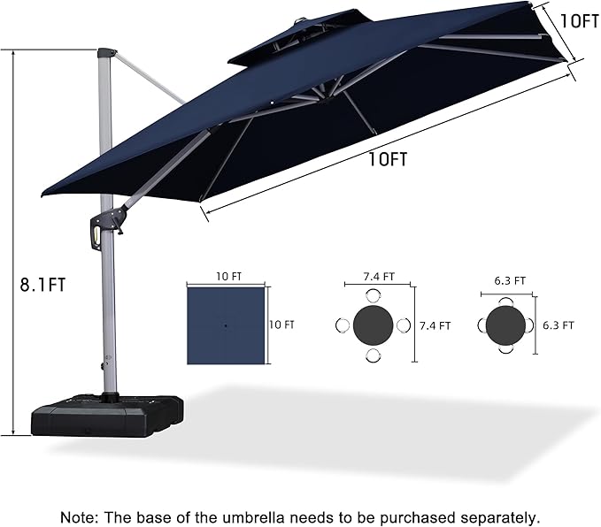 PURPLE LEAF 10ft Patio Umbrella Outdoor Square Umbrella Large Cantilever Umbrella Windproof Offset Heavy Duty Sun for Garden Deck Pool Patio, Navy Blue