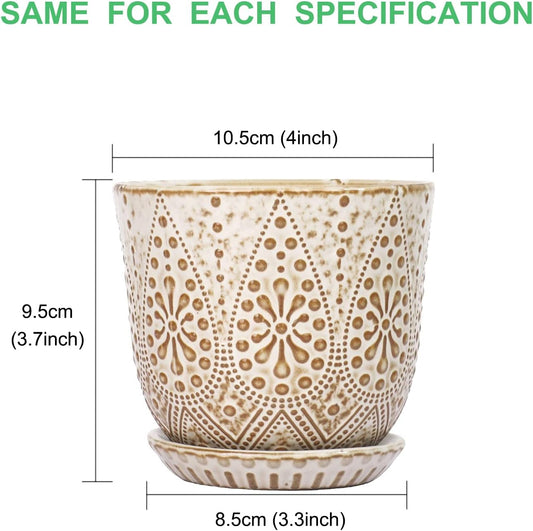 Gepege Succulent Pots, 4 Inch Small Indoor Ceramic Planter Pot with Drainage Holes and Saucers for Plants- Creamy White - Set of 4