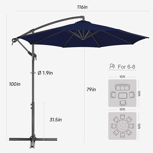FLAME&SHADE 10ft Cantilever Patio Umbrella Outdoor, Large Offset Umbrella with Crank and Cross Base, UPF 50+ UV Protection Hanging Umbrella for Pool Deck Garden, Navy Blue