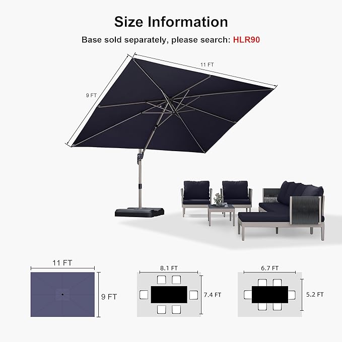 PURPLE LEAF 9' X 11.5' Patio Umbrella, Rectangle Outdoor Cantilever Umbrella, Aluminum Offset Umbrella with Champagne Frame and 360° Rotation for Pool Deck Garden, Navy Blue