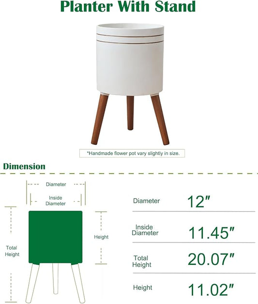 12 Inch Plant Pot with Oak Wood Stand, Large Planter for Indoor Plant, Simple Modern Flower Pot Flower Pot with Drainage Hole for Outdoor