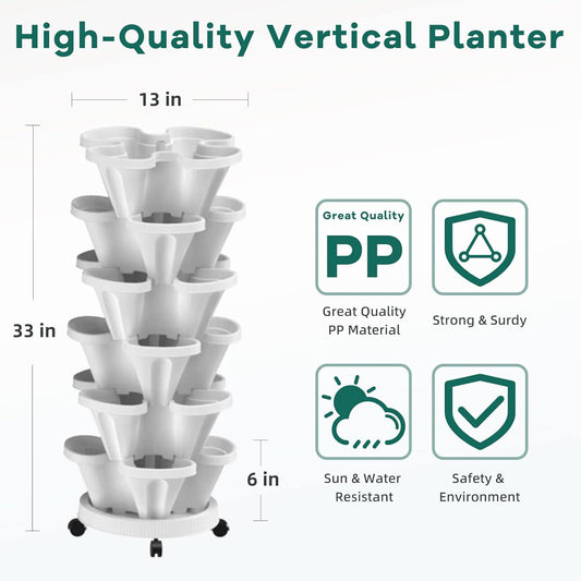 Strawberry Vertical Planter 2 Pack, 6 Tiered Stacking Garden Tower, Stackable Herb Vegetable Planters with Support Pole Indoor Outdoor Black