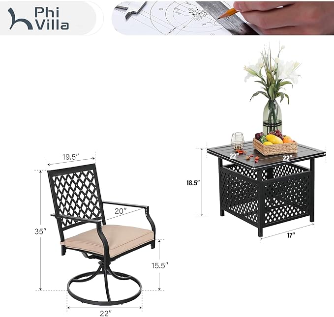PHI VILLA 3 Piece Outdoor Bistro Set for 2, 22" Wrought Iron Square Table with Umbrella Hole & Swivel Metal Chairs, Small Furniture Conversation Set for Porch, Deck, Balcony, Patio, Yard - Black