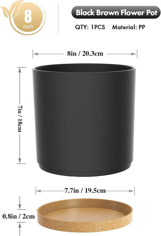 8 Inch Cylinder Plant Pots for Indoor Outdoor Plants, Medium Deep Flower Pots with Drainage Holes & Saucer, Decorative Plastic Planter Pots for Garden House Plants, Black with Brown