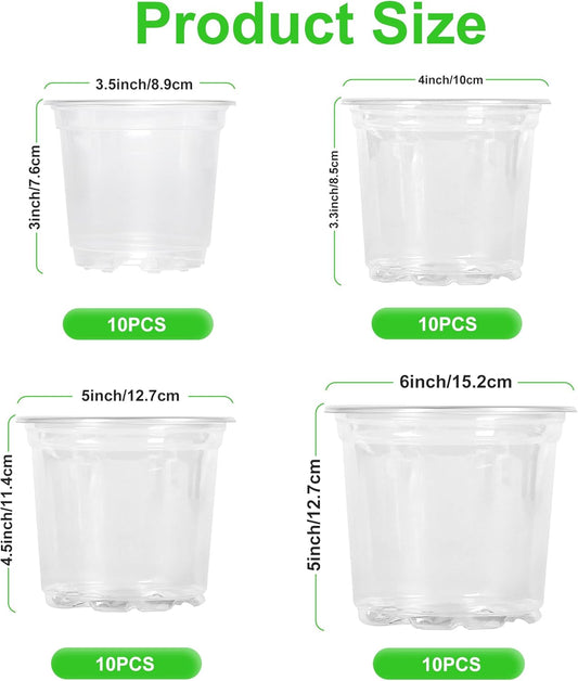 JERIA 40 Pack 6/5/4/3.5Inch Clear Nursery Pots with Drainage Holes, Clear Plant Pot for Planting, Transparent Plastic Plant Pots,Durable Seed Starting Pot for Succulents